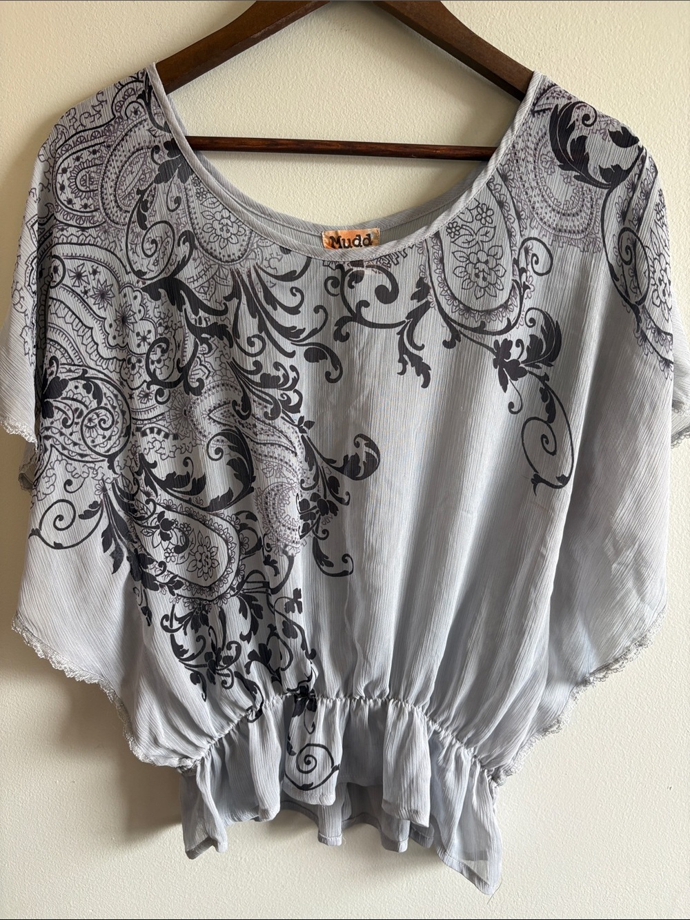 Mudd Gray Paisley Peasant Blouse Flutter Sleeve Boho Top Size Large